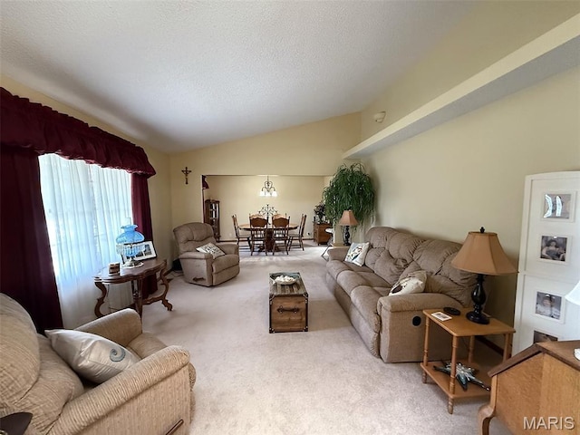 106 Woodland Hills Ct, Vandalia, IL 62471 - carpeted living room featuring vaulted ceiling and a textured ceiling