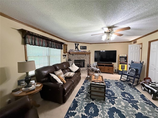 106 Woodland Hills Ct, Vandalia, IL 62471 - carpeted living area with crown molding, ceiling fan, a textured ceiling, and a fireplace