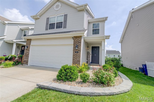 3325 Charlestowne Crossing Dr, Saint Charles, MO 63301 - traditional-style house featuring brick siding, a garage, concrete driveway, and a front yard