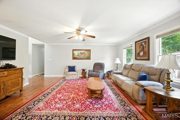 9 Sun Trail, Rise Trail, MO 63050 - living area with ornamental molding, a ceiling fan, and wood finished floors
