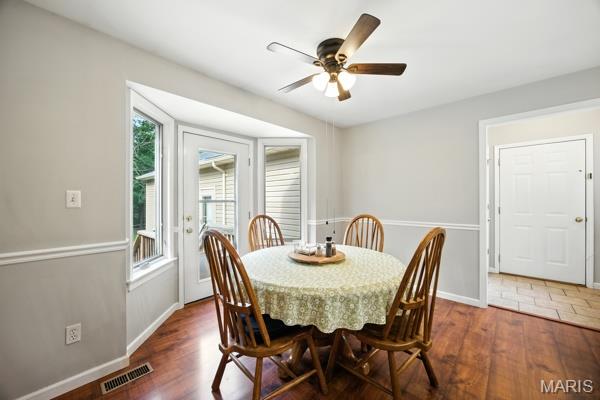 9 Sun Trail, Rise Trail, MO 63050 - dining space featuring healthy amount of natural light, wood finished floors, and ceiling fan