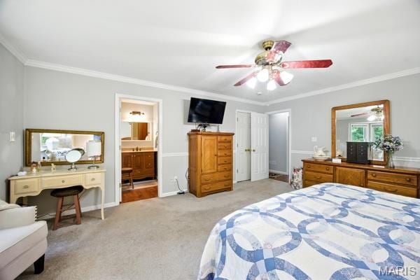 9 Sun Trail, Rise Trail, MO 63050 - bedroom with ornamental molding, light colored carpet, connected bathroom, and a ceiling fan