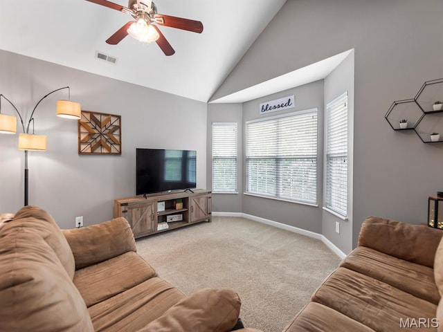 440 Benton Dr Unit L, Saint Peters, MO 63376 - carpeted living room with a ceiling fan and high vaulted ceiling