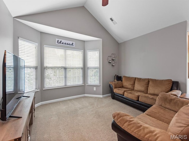 440 Benton Dr Unit L, Saint Peters, MO 63376 - carpeted living room with vaulted ceiling and ceiling fan
