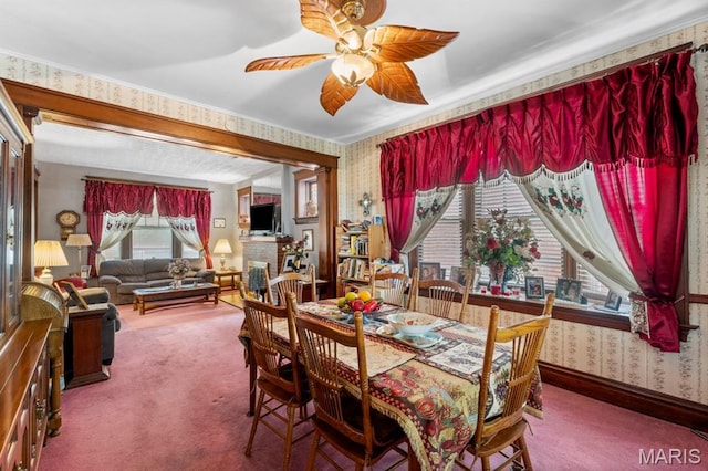 3623 Iowa Ave, Saint Louis, MO 63118 - carpeted dining room featuring wallpapered walls and ceiling fan