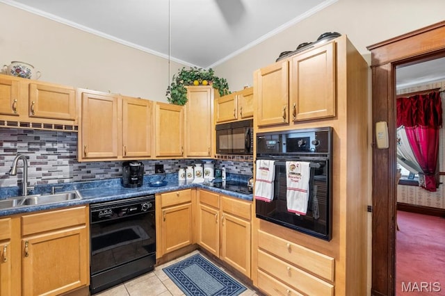 3623 Iowa Ave, Saint Louis, MO 63118 - kitchen with black appliances, ornamental molding, tasteful backsplash, dark countertops, and light brown cabinetry