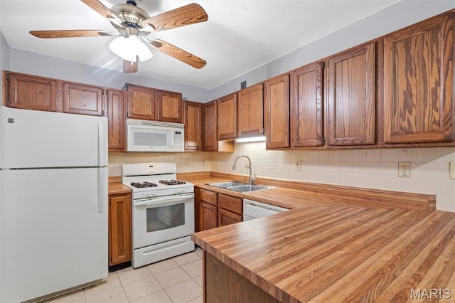 1308 Holgate Dr Unit G5, Ballwin, MO 63021 - kitchen with white appliances, brown cabinets, wood counters, and a ceiling fan