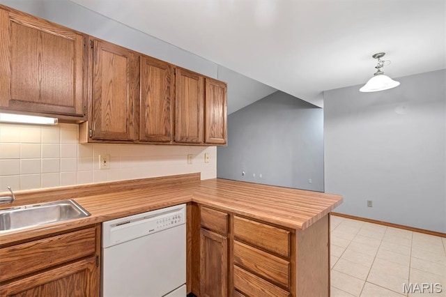 1308 Holgate Dr Unit G5, Ballwin, MO 63021 - kitchen with dishwasher, a peninsula, tasteful backsplash, brown cabinets, and light countertops