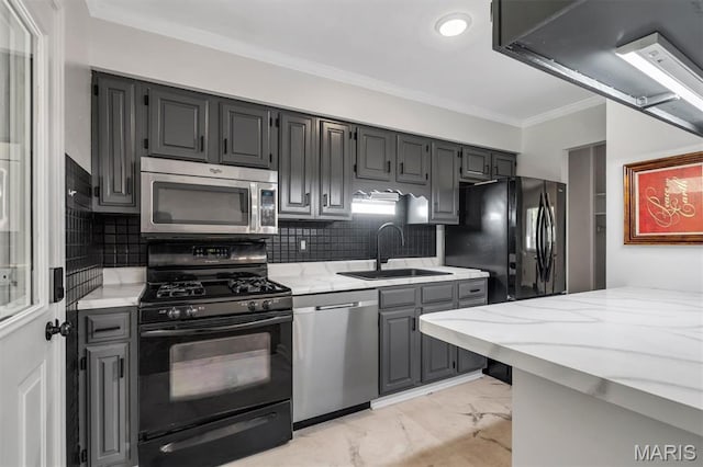 321 Fairview Ct, Ballwin, MO 63021 - kitchen featuring black appliances, light marble finish floors, decorative backsplash, gray cabinetry, and crown molding