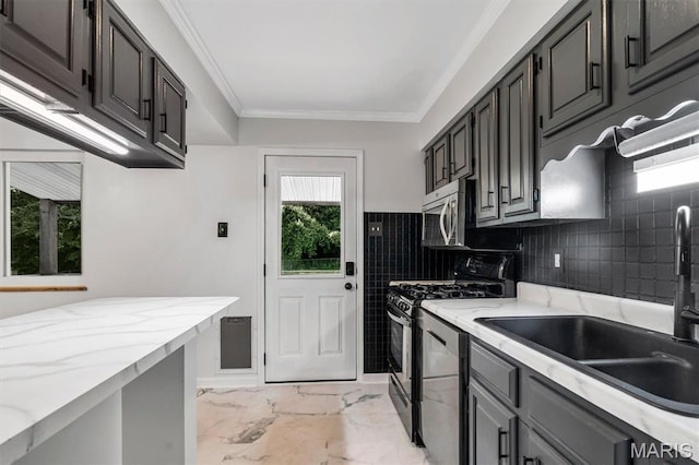 321 Fairview Ct, Ballwin, MO 63021 - kitchen featuring stainless steel appliances, light marble finish flooring, light stone counters, ornamental molding, and backsplash