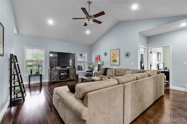 1638 County Road 642, Cape Girardeau, MO 63701 - living area with a ceiling fan, high vaulted ceiling, dark wood-style flooring, baseboards, and recessed lighting