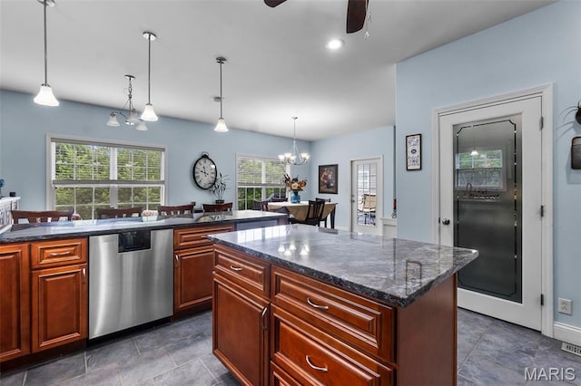 1638 County Road 642, Cape Girardeau, MO 63701 - kitchen with dishwasher, ceiling fan, a kitchen island, decorative light fixtures, and a chandelier