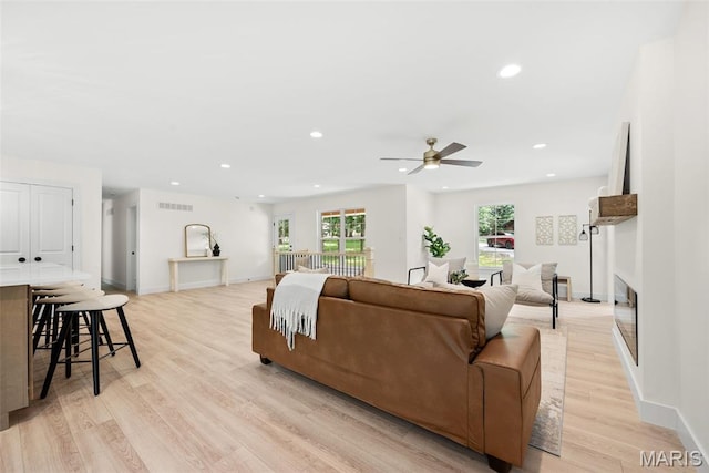 178 Spring Branch Rd, Troy, MO 63379 - living room with healthy amount of natural light, light wood-style flooring, a ceiling fan, recessed lighting, and a fireplace