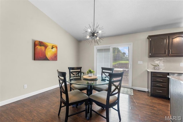 757 N W Ln, Jackson, MO 63755 - dining room with a chandelier, dark wood-type flooring, and vaulted ceiling