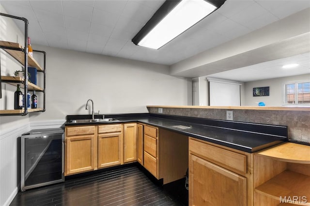 757 N W Ln, Jackson, MO 63755 - kitchen featuring beverage cooler, open shelves, dark wood finished floors, dark countertops, and a wainscoted wall