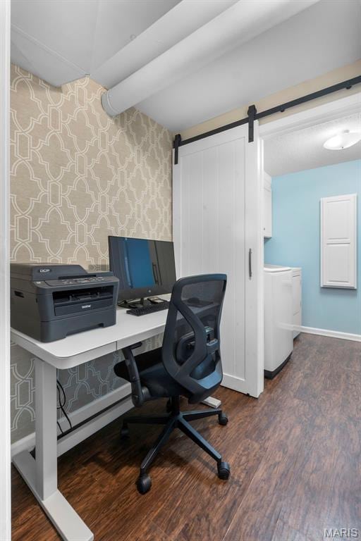 757 N W Ln, Jackson, MO 63755 - home office with wallpapered walls, dark wood finished floors, washing machine and dryer, and a barn door