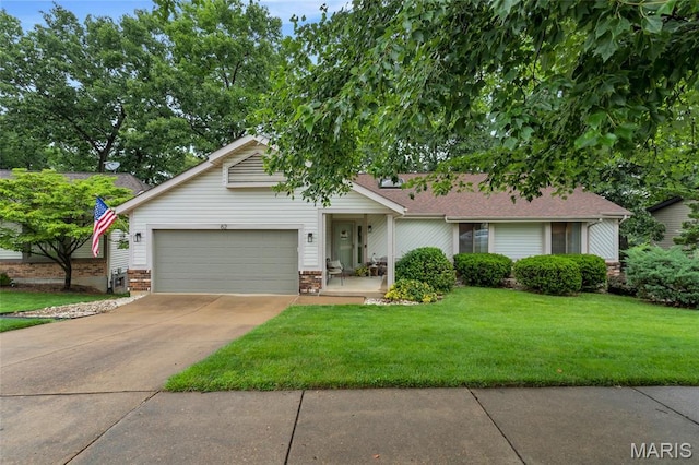 62 Majestic Ct, Fenton, MO 63026 - ranch-style home featuring a garage, brick siding, a front lawn, and concrete driveway