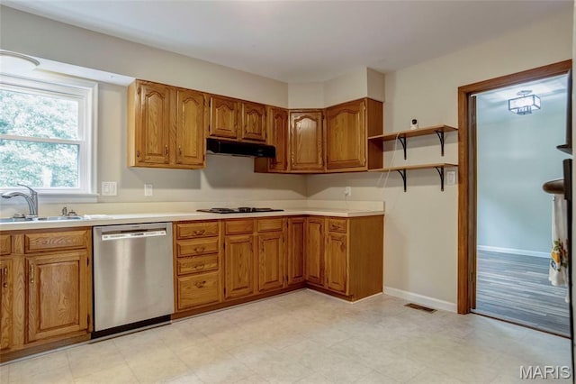 17560 Old Jamestown Rd, Florissant, MO 63034 - kitchen with stainless steel dishwasher, brown cabinetry, and a sink