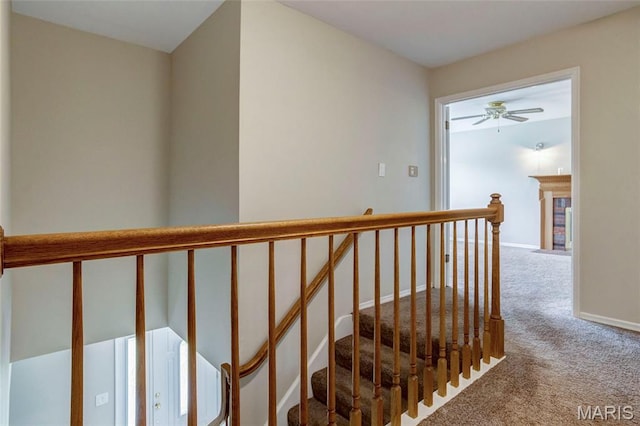 17560 Old Jamestown Rd, Florissant, MO 63034 - stairway with carpet flooring, ceiling fan, and baseboards