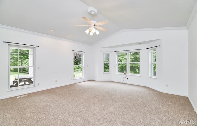 4 Hahn Estates Rd, Winfield, MO 63389 - spare room featuring carpet flooring, lofted ceiling, a ceiling fan, and crown molding
