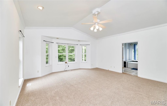 4 Hahn Estates Rd, Winfield, MO 63389 - carpeted empty room with a ceiling fan, lofted ceiling, and ornamental molding