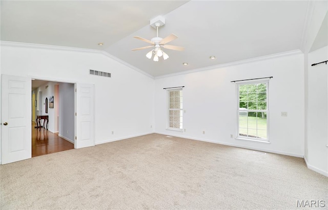 4 Hahn Estates Rd, Winfield, MO 63389 - carpeted spare room with a ceiling fan, ornamental molding, and vaulted ceiling