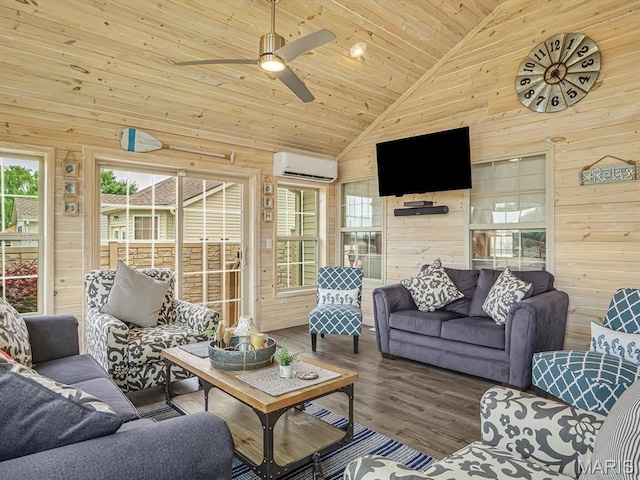 4184 Red Field Dr, Swansea, IL 62226 - living area featuring a wall mounted air conditioner, wood walls, high vaulted ceiling, wood finished floors, and wood ceiling