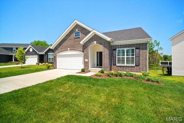 111 Creek Haven Ct, Lake St Louis, MO 63367 - view of front of house with brick siding, driveway, an attached garage, and a front yard