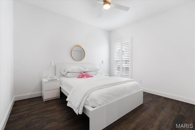 111 Creek Haven Ct, Lake St Louis, MO 63367 - bedroom with baseboards, dark wood finished floors, and ceiling fan