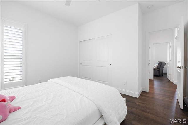 111 Creek Haven Ct, Lake St Louis, MO 63367 - bedroom with wood finished floors, baseboards, a closet, and ceiling fan