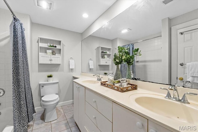 6318 Southwood Ave Unit 1W, Saint Louis, MO 63105 - full bathroom featuring double vanity, toilet, tile patterned floors, and shower / bath combination with curtain