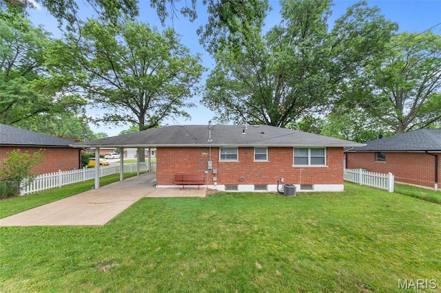 4620 Kramer Dr, Saint Louis, MO 63123 - rear view of property with a carport, brick siding, concrete driveway, and a patio
