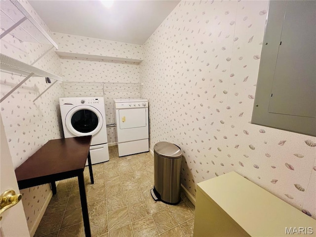 305 Hawk Nest Ct, Union, MO 63084 - laundry area with washer and dryer, electric panel, and wallpapered walls