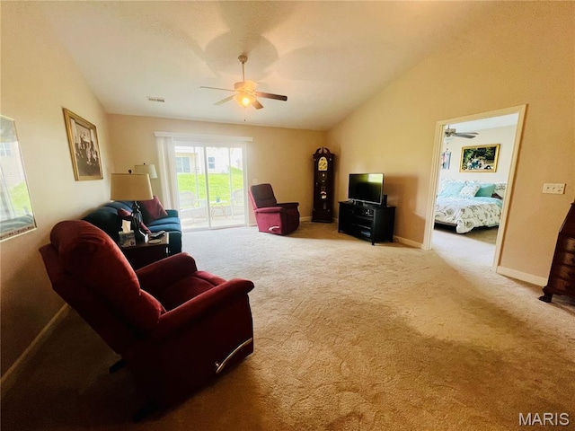 305 Hawk Nest Ct, Union, MO 63084 - living area with ceiling fan, carpet flooring, and vaulted ceiling