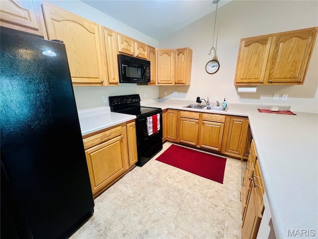 305 Hawk Nest Ct, Union, MO 63084 - kitchen featuring black appliances, light countertops, light brown cabinets, and lofted ceiling