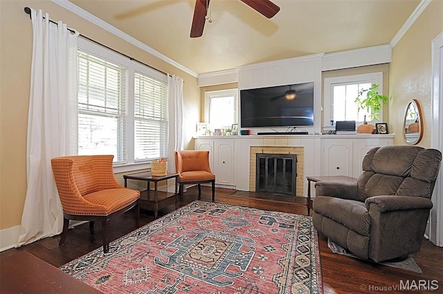 1425 Perryville Cpe, Girardeau, MO 63701 - living area featuring ceiling fan, dark wood-style flooring, plenty of natural light, and crown molding