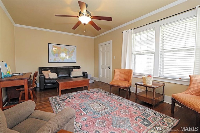 1425 Perryville Cpe, Girardeau, MO 63701 - living room featuring wood finished floors, ceiling fan, baseboards, and ornamental molding