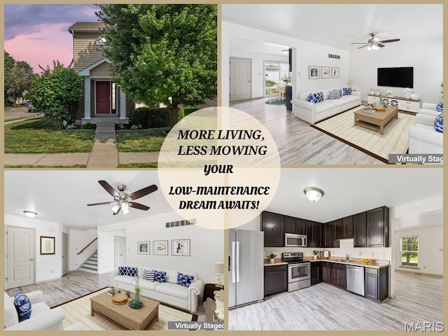 3101 Keelboat Xing, Saint Charles, MO 63301 - living area featuring ceiling fan, light wood-style floors, and stairway