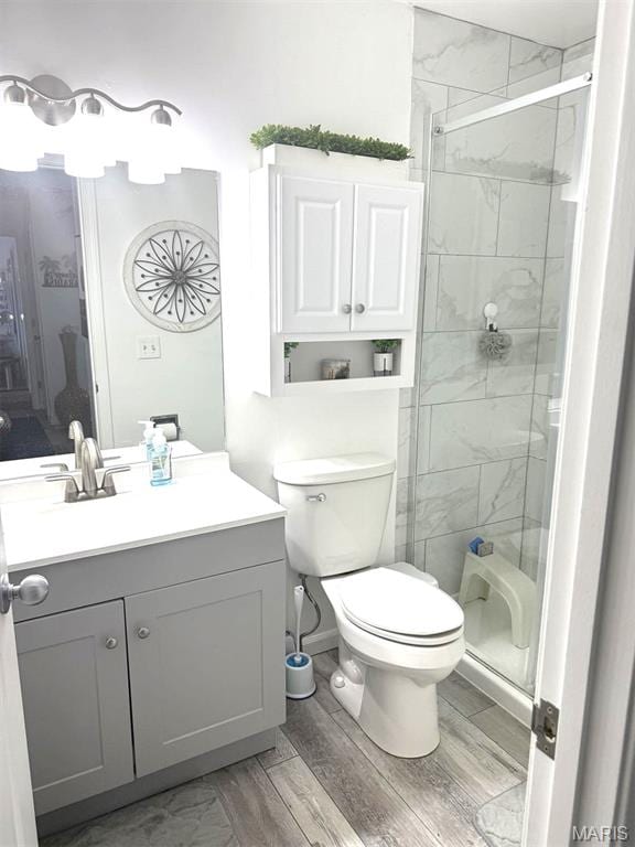 63 Rock Dove Ln, Camdenton, MO 65020 - bathroom with a shower stall, vanity, toilet, and wood finished floors