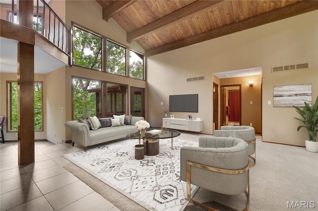 1509 Redbriar Dr, High Ridge, MO 63049 - tiled living room featuring a wood ceiling with exposed beams and high vaulted ceiling