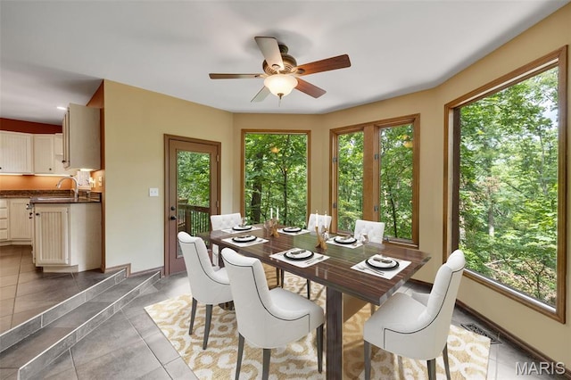1509 Redbriar Dr, High Ridge, MO 63049 - tiled dining area with ceiling fan and a sink