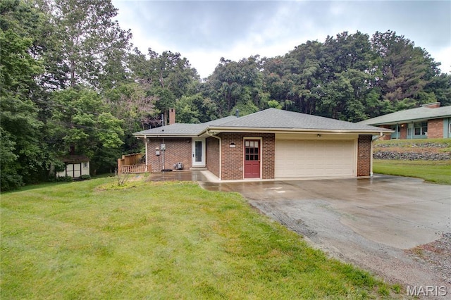 10000 Wondell Woods Dr, Belleville, IL 62223 - single story home with a garage, driveway, a front yard, brick siding, and a chimney