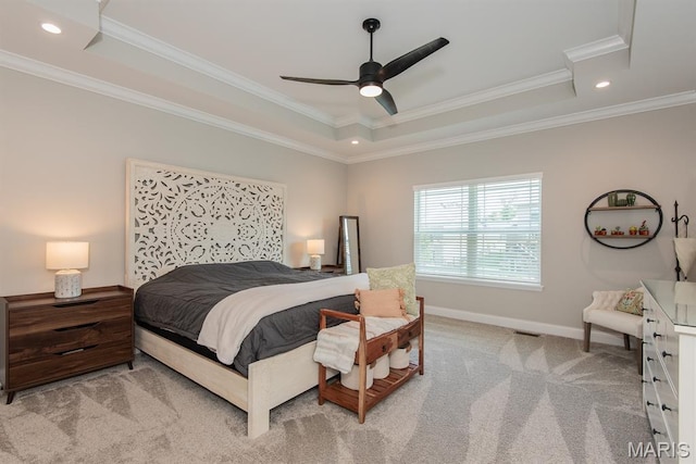 509 Spruce Hollow Ct, Wentzville, MO 63385 - bedroom featuring a tray ceiling, crown molding, carpet flooring, recessed lighting, and a ceiling fan