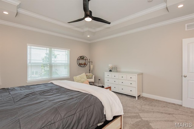509 Spruce Hollow Ct, Wentzville, MO 63385 - bedroom featuring a tray ceiling, light colored carpet, recessed lighting, crown molding, and ceiling fan