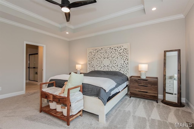 509 Spruce Hollow Ct, Wentzville, MO 63385 - bedroom featuring carpet flooring, ornamental molding, recessed lighting, a raised ceiling, and a ceiling fan