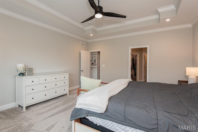 509 Spruce Hollow Ct, Wentzville, MO 63385 - bedroom featuring a tray ceiling, crown molding, light carpet, recessed lighting, and ceiling fan