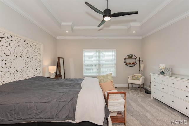 509 Spruce Hollow Ct, Wentzville, MO 63385 - bedroom featuring a tray ceiling, ornamental molding, light carpet, recessed lighting, and a ceiling fan