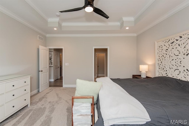 509 Spruce Hollow Ct, Wentzville, MO 63385 - bedroom featuring a raised ceiling, ornamental molding, recessed lighting, light colored carpet, and ceiling fan