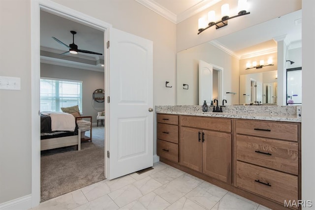 509 Spruce Hollow Ct, Wentzville, MO 63385 - bathroom with marble look tiles, ornamental molding, vanity, ceiling fan, and ensuite bath