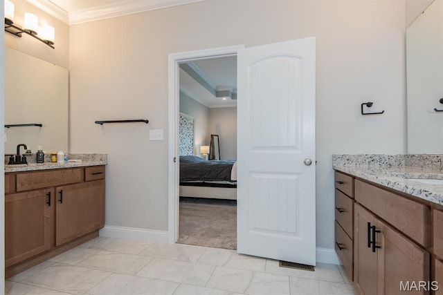 509 Spruce Hollow Ct, Wentzville, MO 63385 - ensuite bathroom with crown molding, two vanities, marble finish floors, and a tray ceiling
